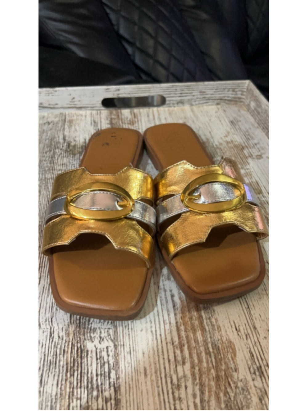 Women's Franco Sarto Gold Silver Milada Flat Sandals Size 10